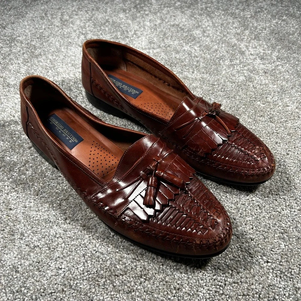 Giorgio Brutini Le Glove Men 13 D Brown Leather Woven Kiltie Tassel Loafers Epic